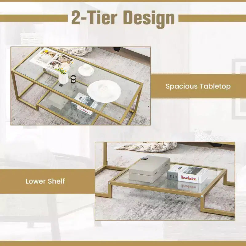 Table Basse Rectangulaire de 45" en Verre Trempé avec Étagère de Rangement
