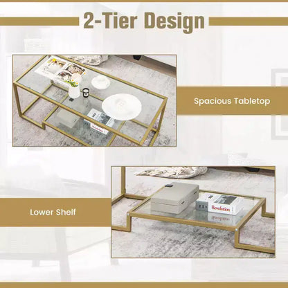 Table Basse Rectangulaire de 45" en Verre Trempé avec Étagère de Rangement