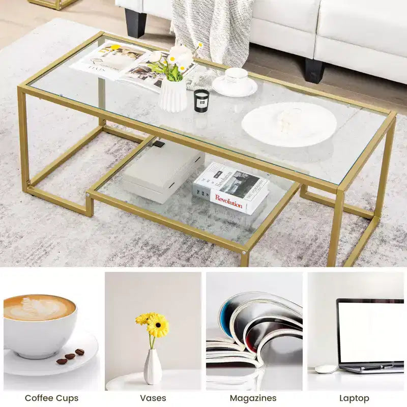 Table Basse Rectangulaire de 45" en Verre Trempé avec Étagère de Rangement