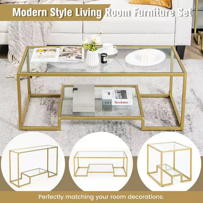 Table Basse Rectangulaire de 45" en Verre Trempé avec Étagère de Rangement